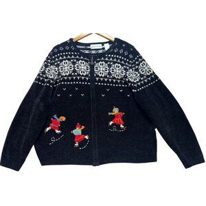 Alfred Dunner Women Zip Up Fair Isle Chenille Cardigan Sweater Sz XL Black White